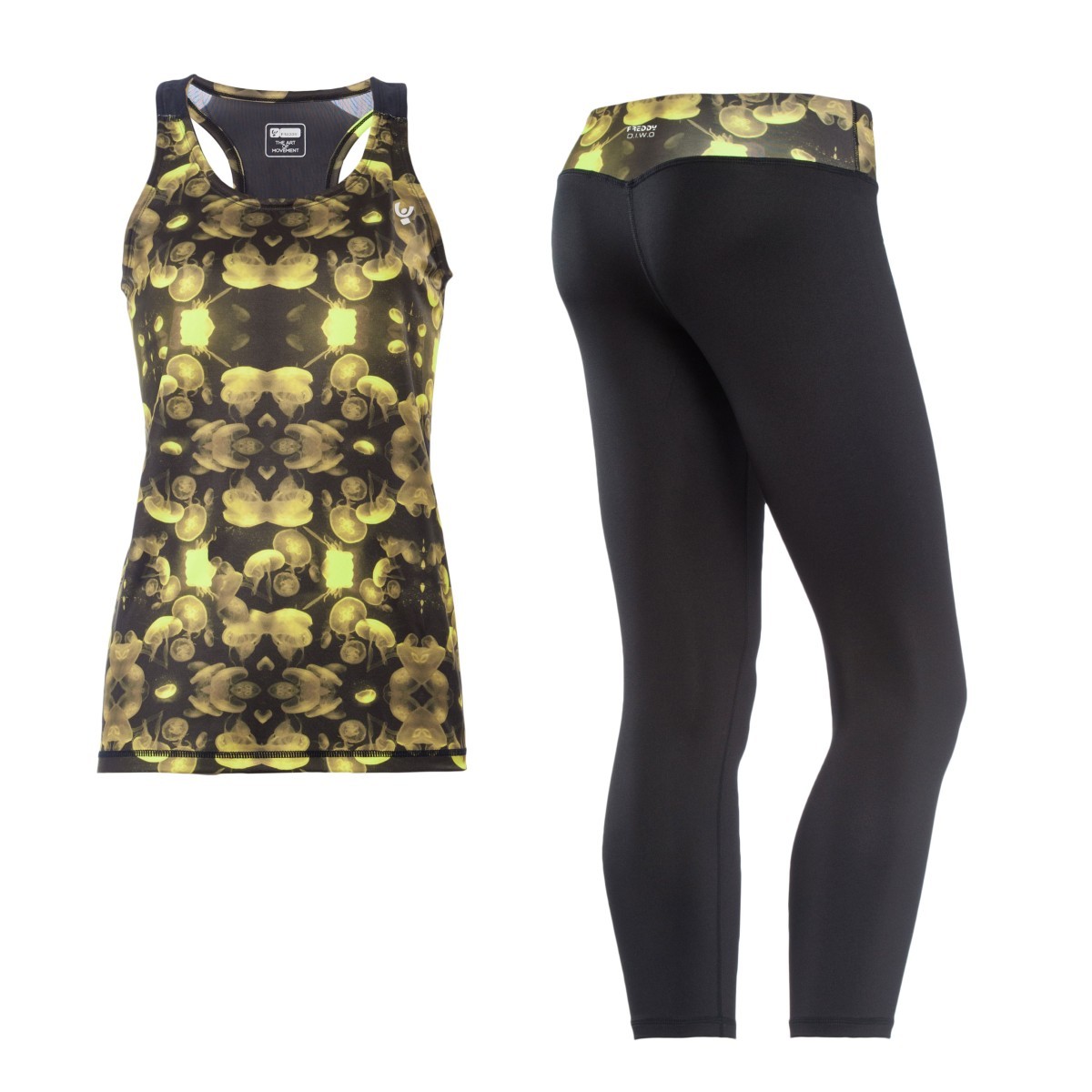 FREDDY LEGGINGS SUPERFIT - VITA BASSA - 7/8 – TESSUTO D.I.W.O.® – FASCIA IN VITA STAMPA NERO-GIALLO FLUO + CANOTTA OMAGGIO (S6SF7TE2TA)