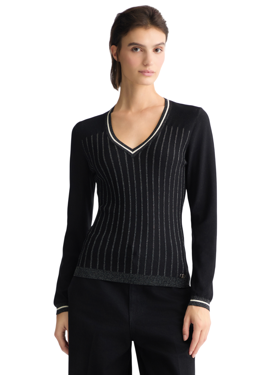 LIU JO Maglia Nera effetto Gessato con scollo a V da Donna - TA5034