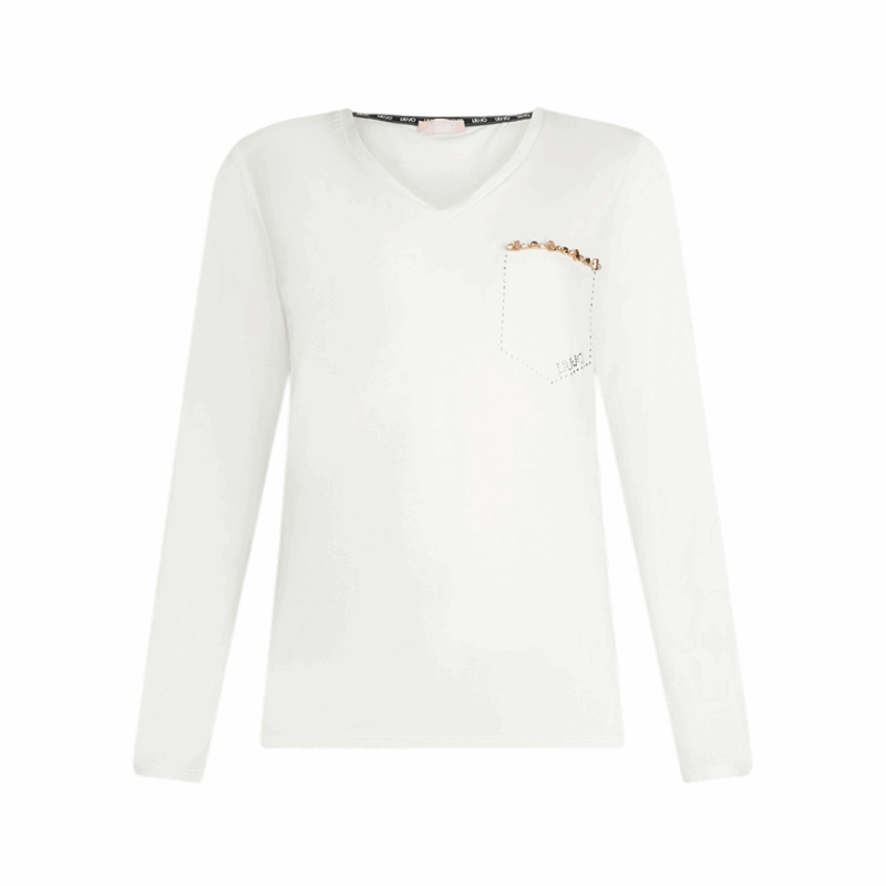 Liu Jo T-Shirt Manica Lunga Scollo a V con Strass TF5170