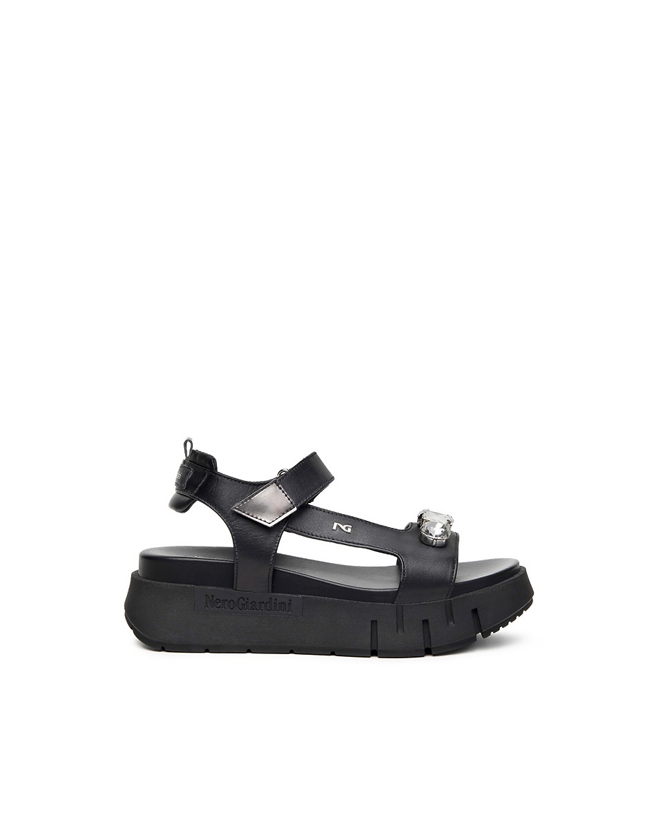 Nero Giardini E410707D - Sandalo Donna in Pelle con Platform e Accessori Gioiello